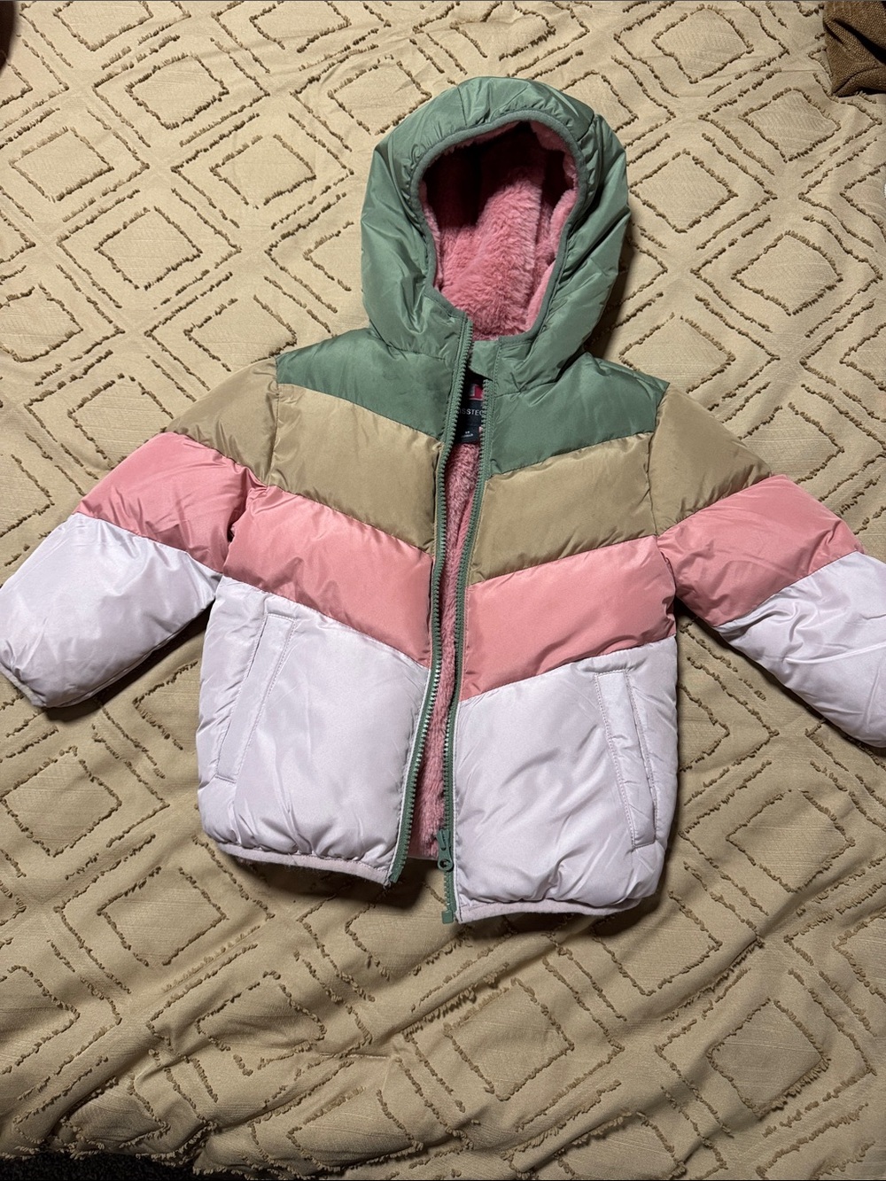 Swiss Tech Kids Colorblock Hooded Puffer Jacket - Green, Pink, Tan, White